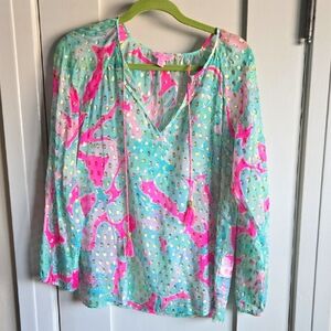 Lilly Pulitzer Pink and Blue Patterned Sheer Blouse
